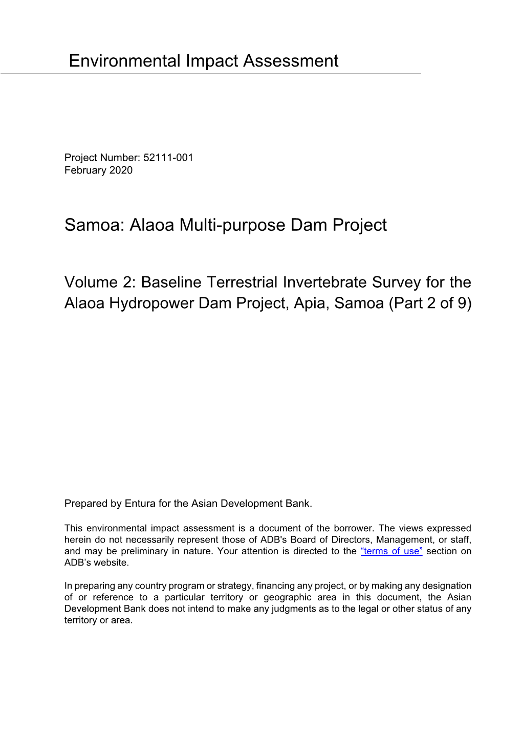 Baseline Terrestrial Invertebrate Survey for the Alaoa Hydropower Dam Project, Apia, Samoa (Part 2 of 9)