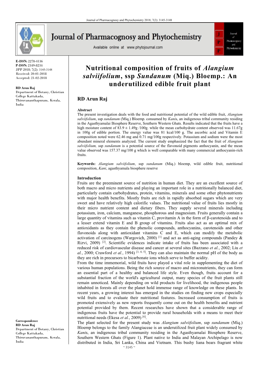 Nutritional Composition of Fruits of Alangium Salviifolium, Ssp Sundanum