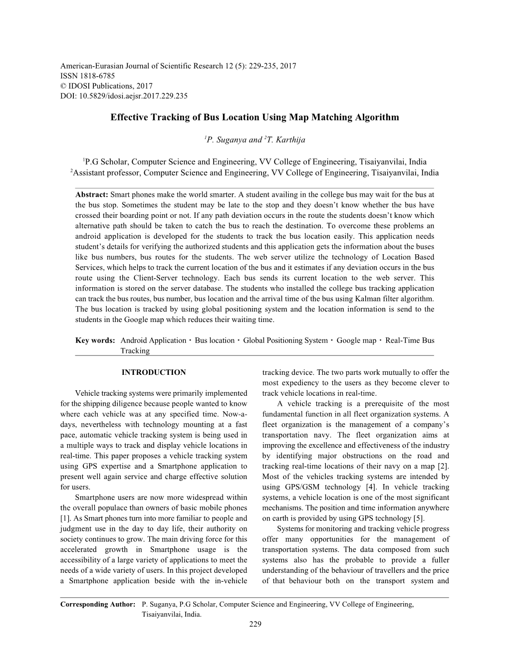 Effective Tracking of Bus Location Using Map Matching Algorithm