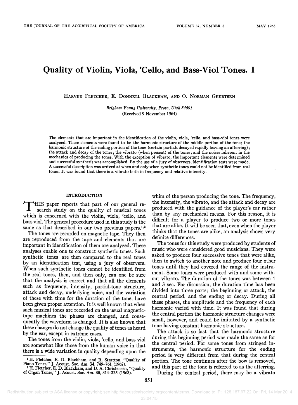 Quality of Violin, Viola, 'Cello, and Bass-Viol Tones. I