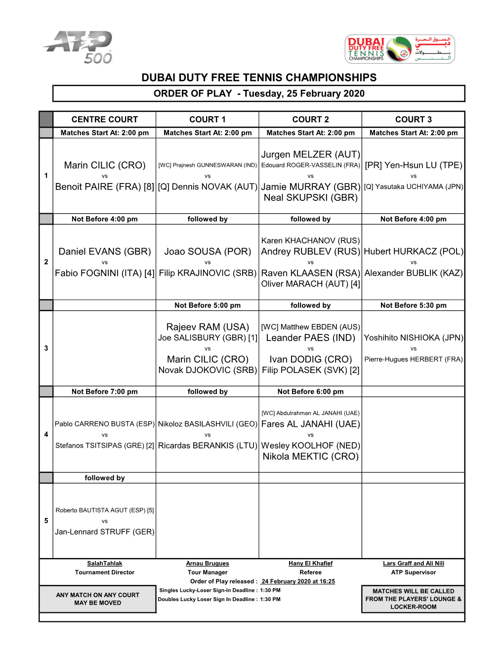 DUBAI DUTY FREE TENNIS CHAMPIONSHIPS ORDER of PLAY - Tuesday, 25 February 2020