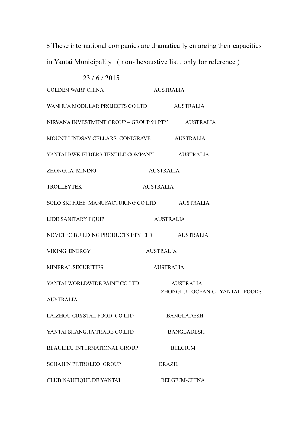 5 These International Companies Are Dramatically Enlarging Their Capacities in Yantai Municipality ( Non- Hexaustive List , Only for Reference )