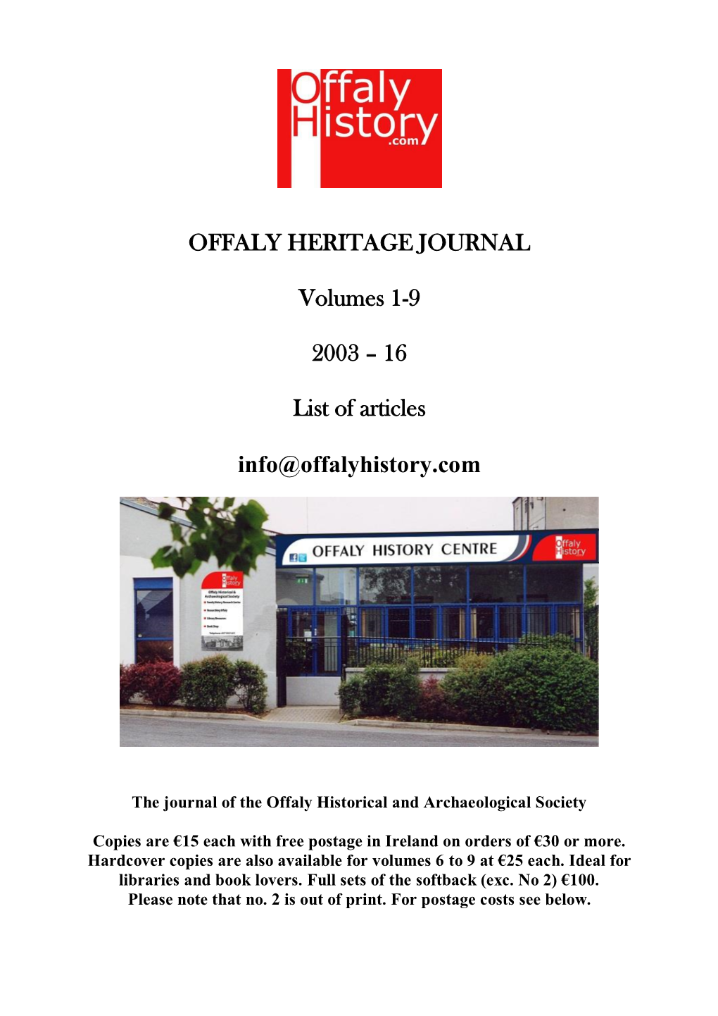 OFFALY HERITAGE JOURNAL Volumes 1-9 2003