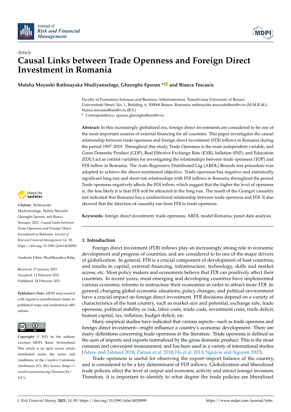 Causal Links Between Trade Openness and Foreign Direct Investment in Romania