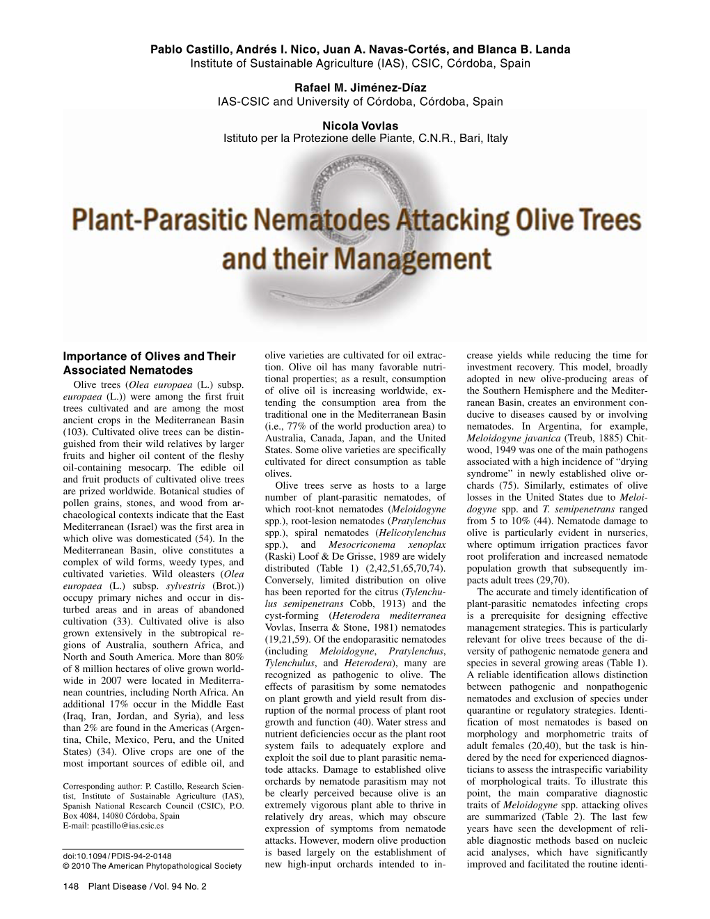 Plant-Parasitic Nematodes Attacking Olive Trees and Their Management