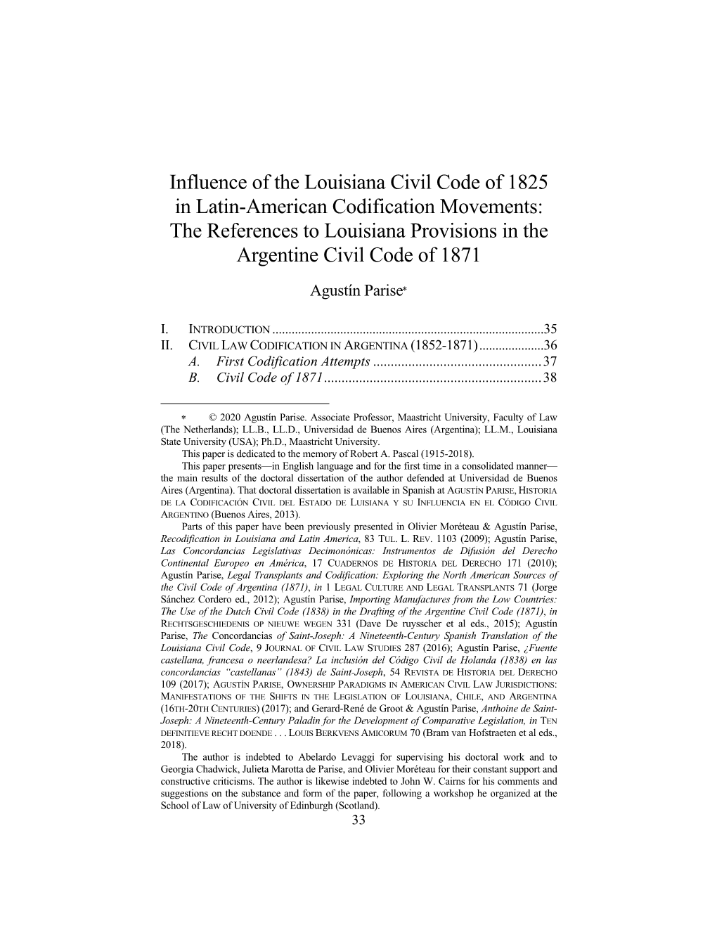 Influence of the Louisiana Civil Code of 1825 in Latin-American Codification Movements: the References to Louisiana Provisions in the Argentine Civil Code of 1871