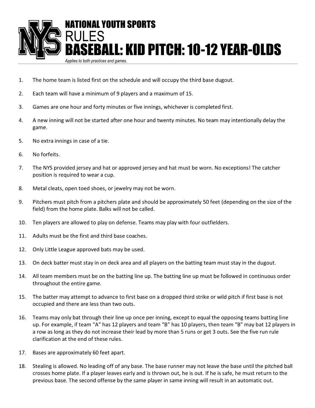 RULES BASEBALL: KID PITCH: 10-12 YEAR-OLDS Applies to Both Practices and Games