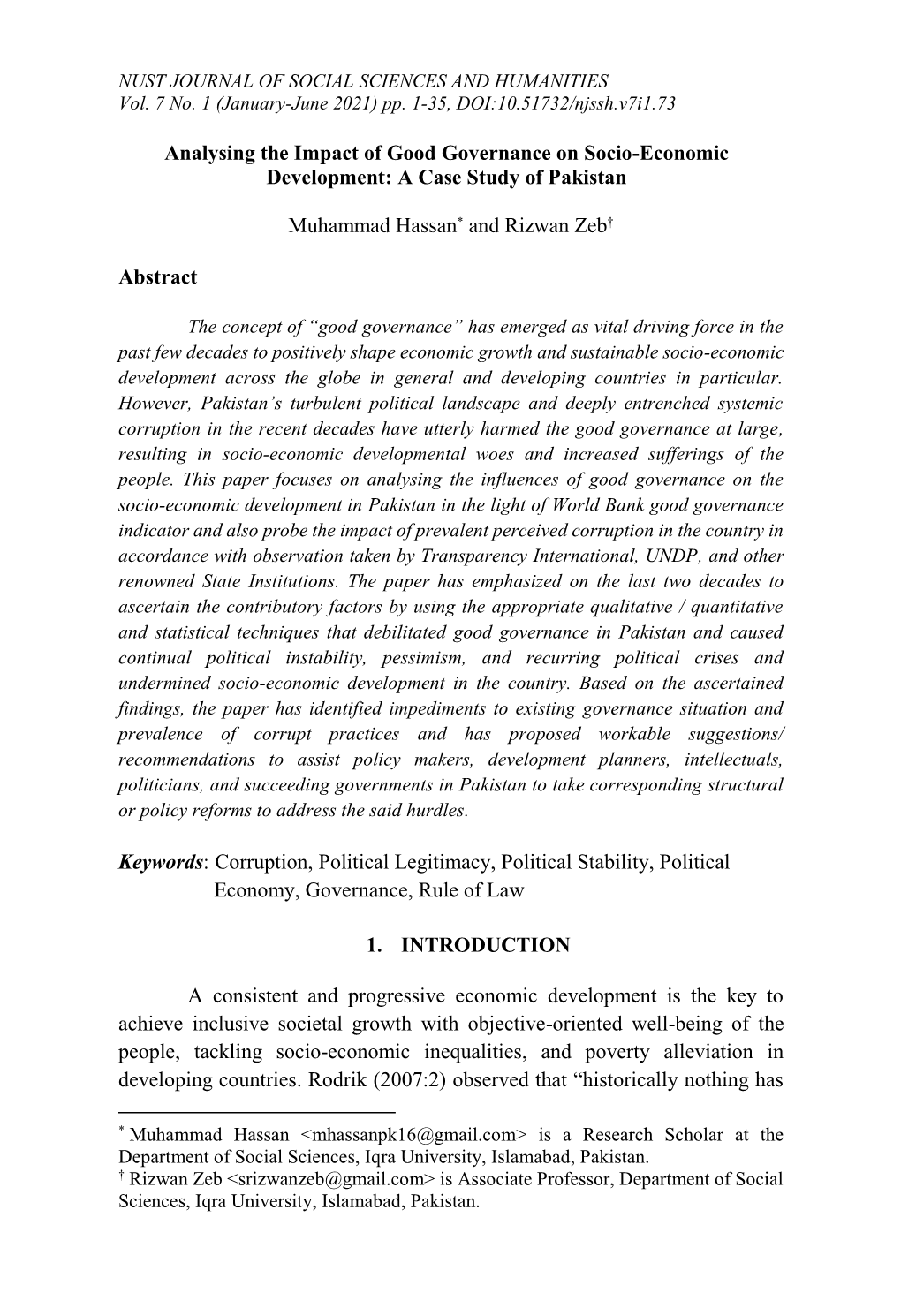 Analysing the Impact of Good Governance on Socio-Economic Development: a Case Study of Pakistan