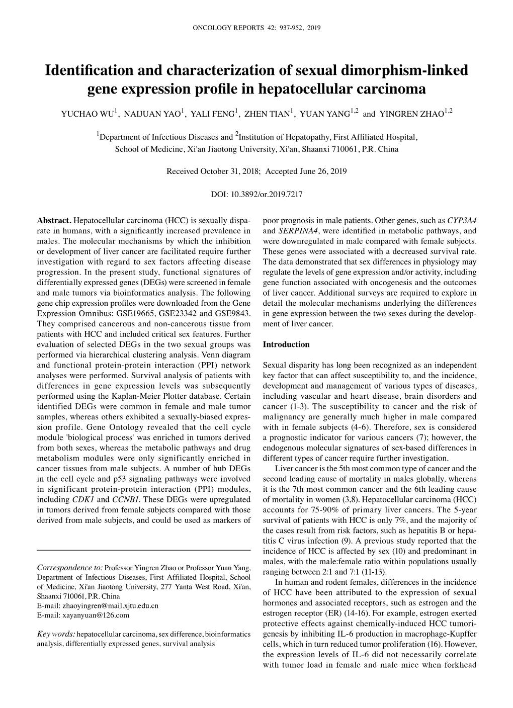 Identification and Characterization of Sexual Dimorphism‑Linked Gene Expression Profile in Hepatocellular Carcinoma