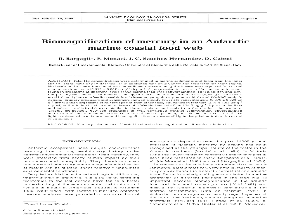 Biomagnification of Mercury in an Antarctic Marine Coastal Food Web