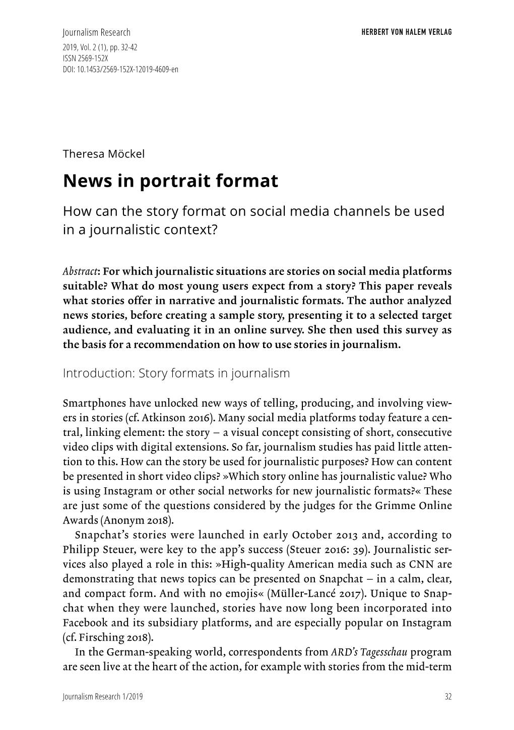 News in Portrait Format. How Can the Story Format on Social Media Channels Be Used in a Journalistic Context?