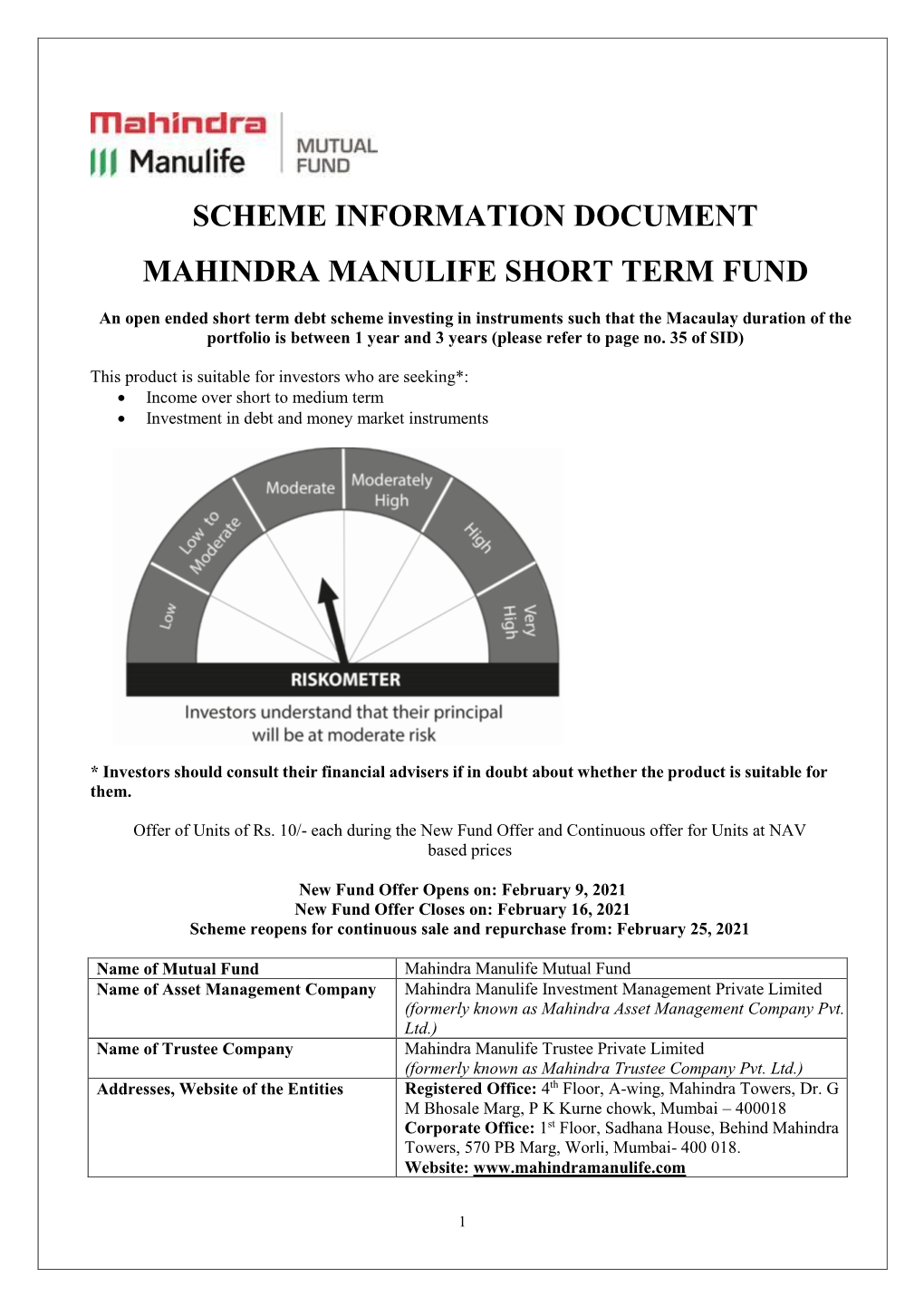Scheme Information Document Mahindra Manulife Short Term Fund
