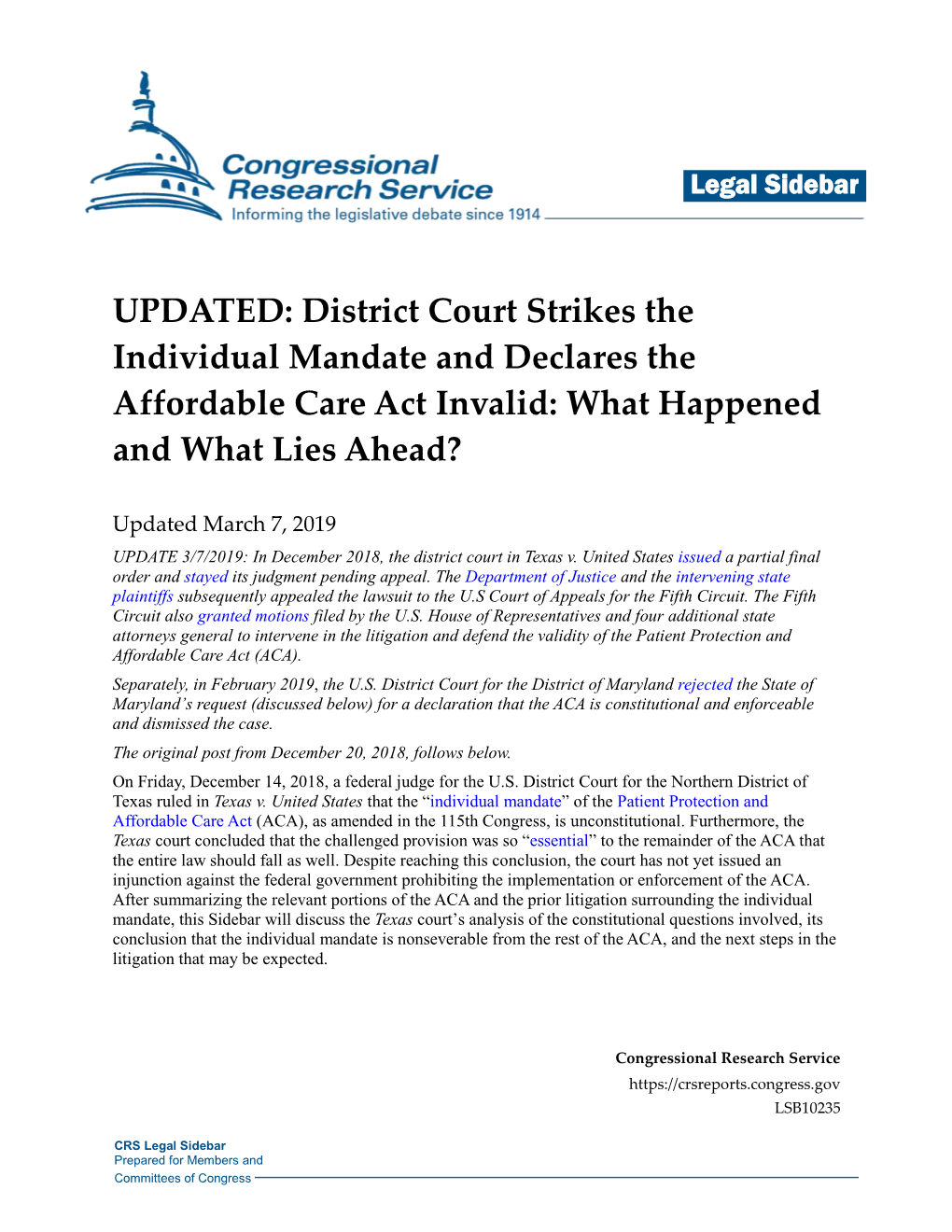 UPDATED: District Court Strikes the Individual Mandate and Declares the Affordable Care Act Invalid: What Happened and What Lies Ahead?