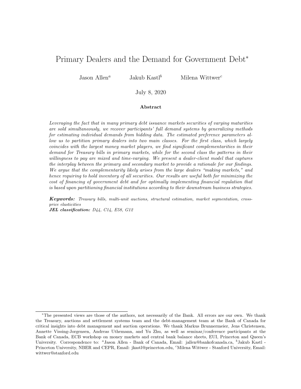 Primary Dealers and the Demand for Government Debt∗