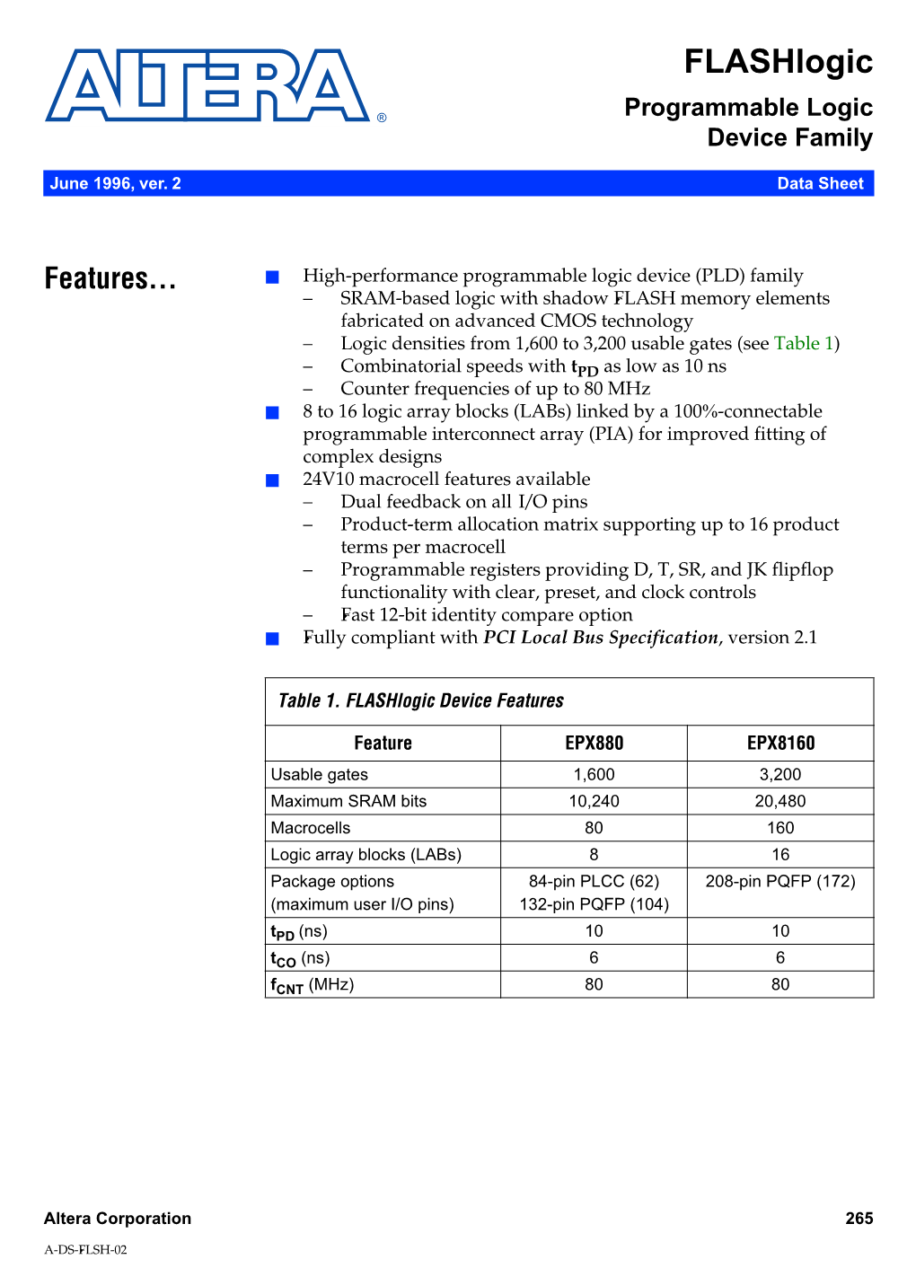 Flashlogic Programmable Logic Device Family Data Sheet