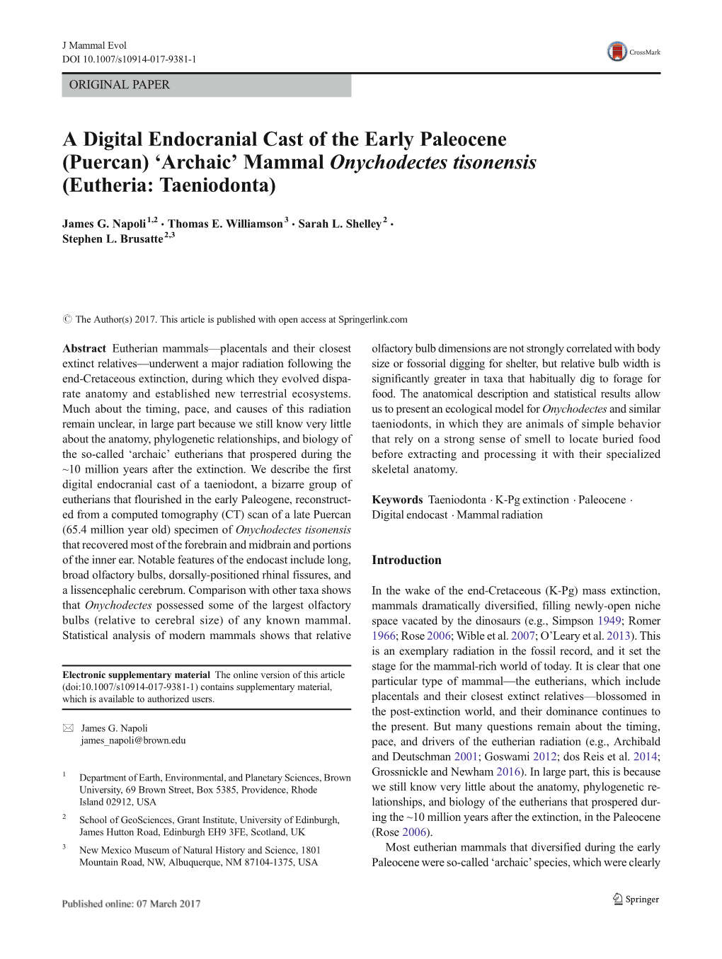 A Digital Endocranial Cast of the Early Paleocene (Puercan) 'Archaic' Mammal Onychodectes Tisonensis (Eutheria: Taeniodonta)