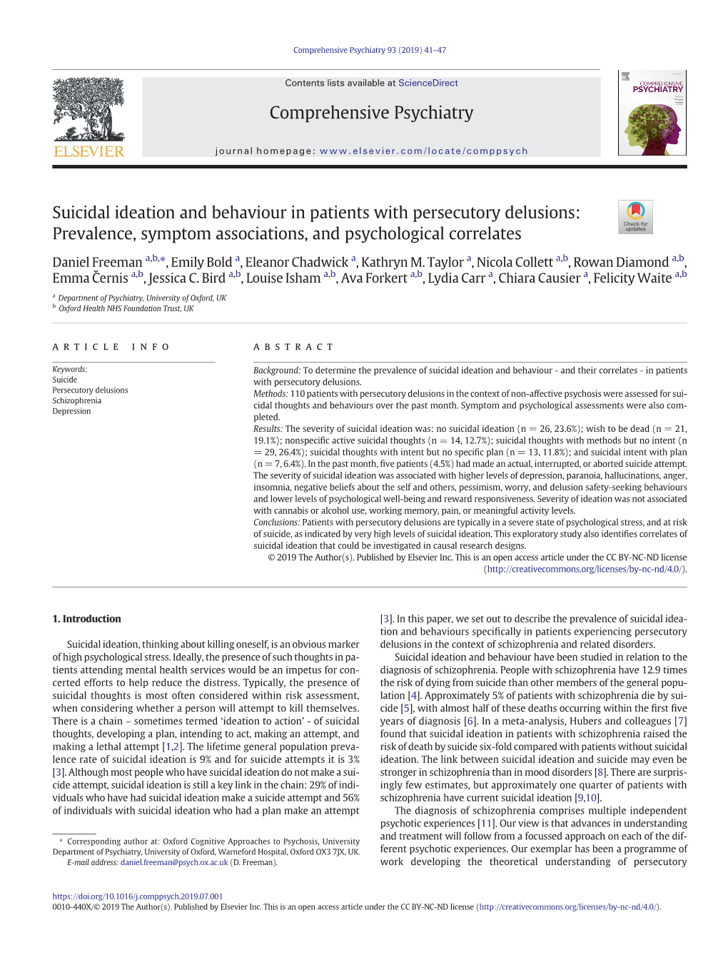 Suicidal Ideation and Behaviour in Patients with Persecutory Delusions: Prevalence, Symptom Associations, and Psychological Correlates