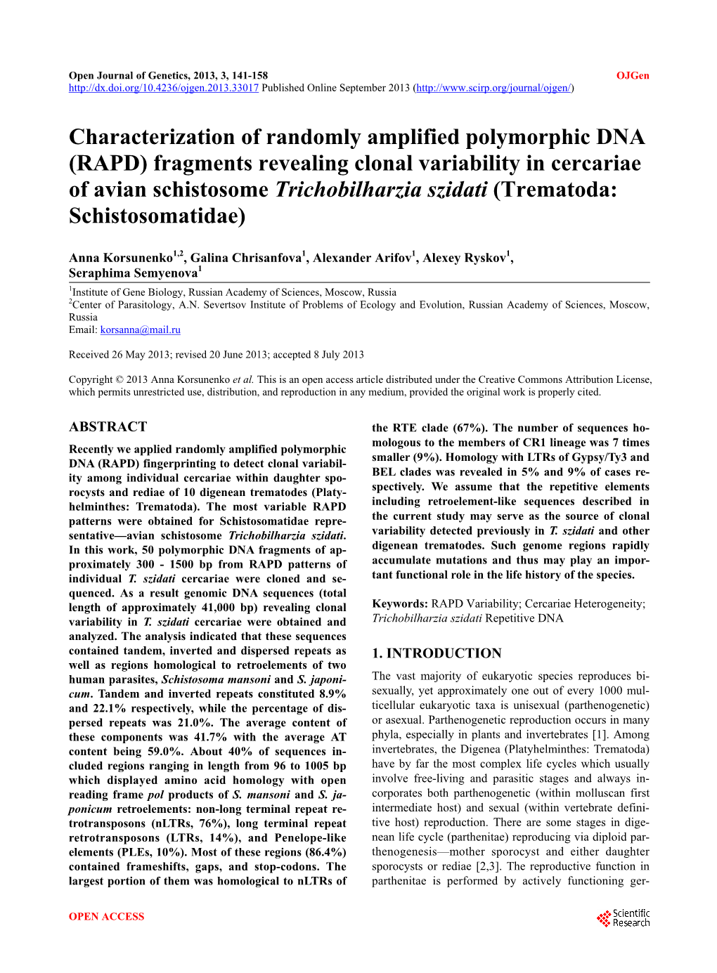 RAPD) Fragments Revealing Clonal Variability in Cercariae of Avian Schistosome Trichobilharzia Szidati (Trematoda: Schistosomatidae)