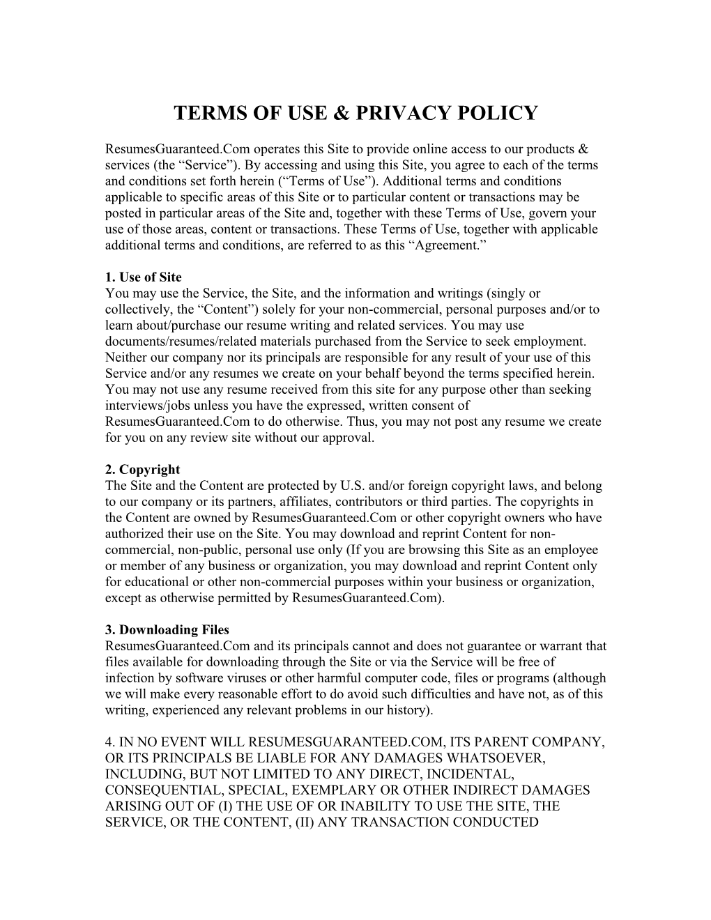 Resume Writing Service - Terms of Use & Privacy Policy