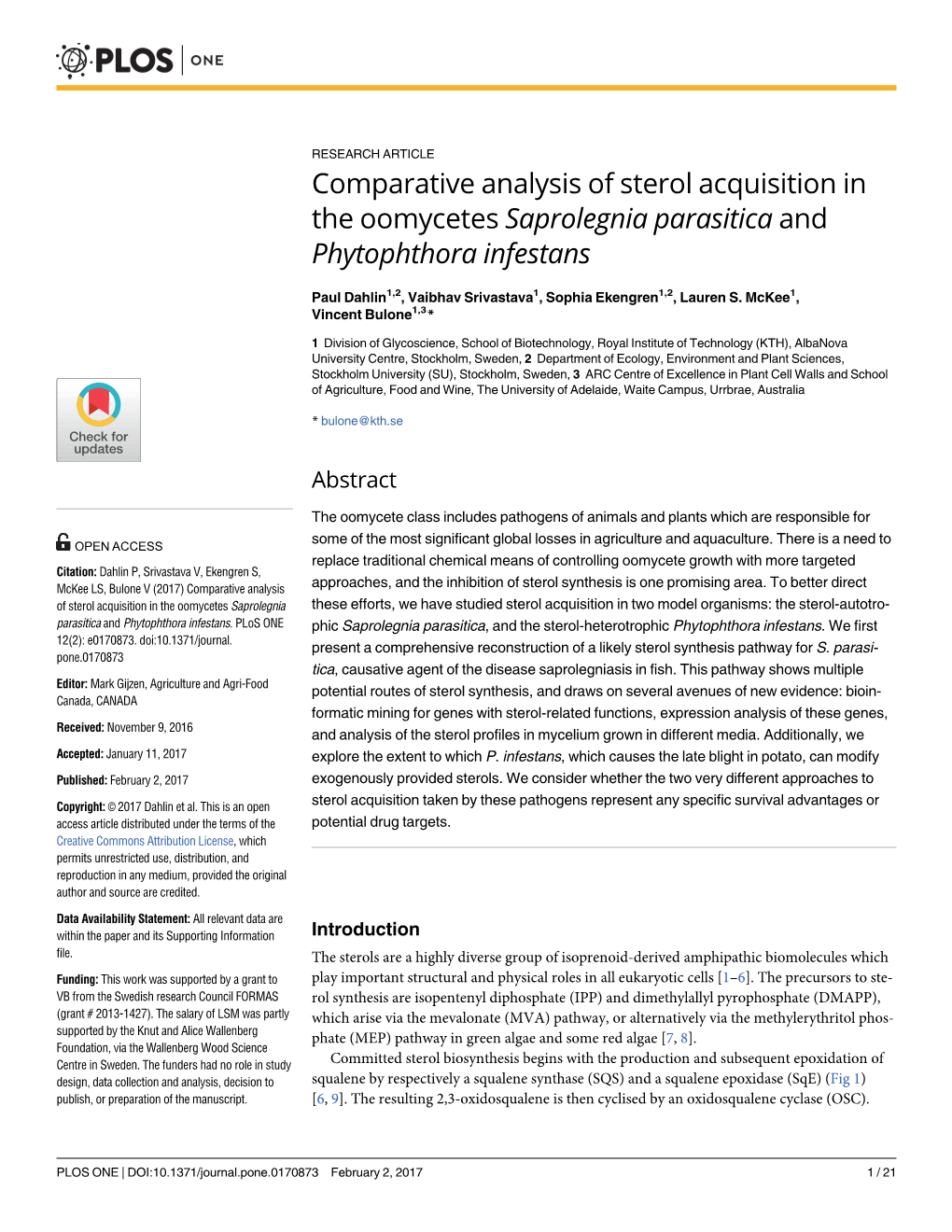 Comparative Analysis of Sterol Acquisition in the Oomycetes Saprolegnia Parasitica and Phytophthora Infestans