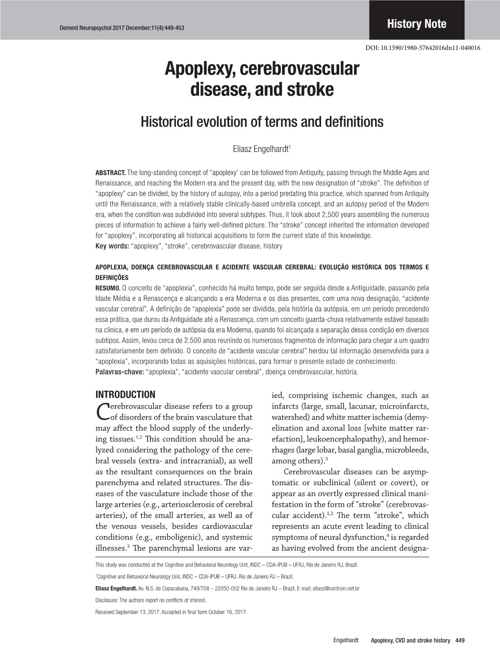 Apoplexy, Cerebrovascular Disease, and Stroke Historical Evolution of Terms and Definitions