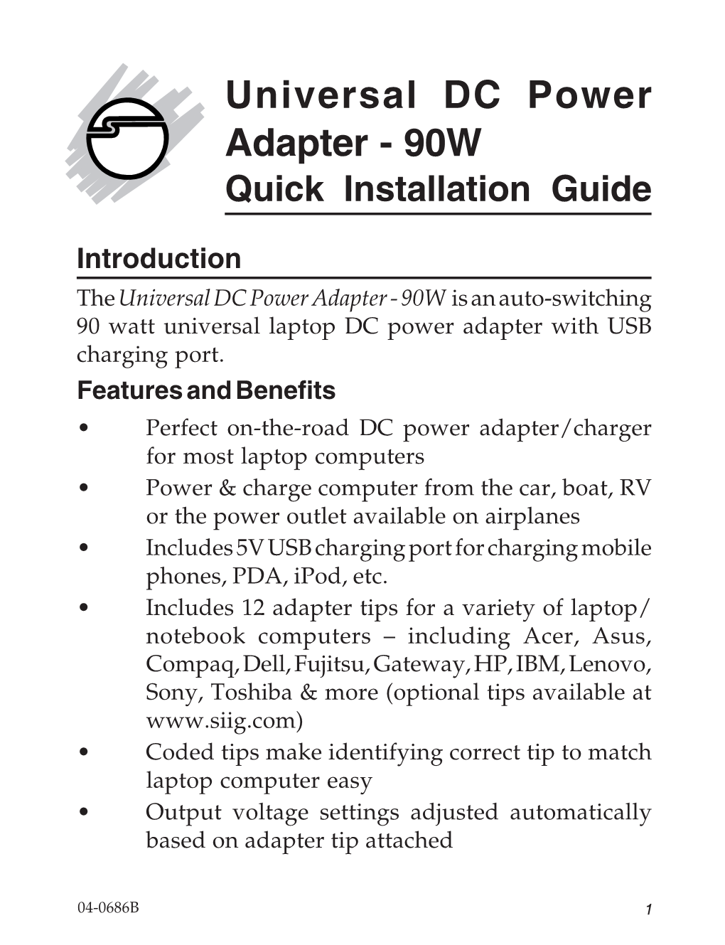 Universal DC Power Adapter - 90W Quick Installation Guide