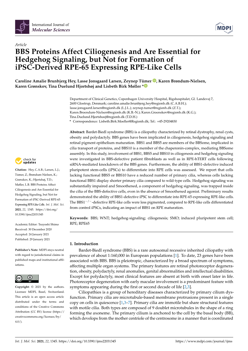 BBS Proteins Affect Ciliogenesis and Are Essential for Hedgehog Signaling, but Not for Formation of Ipsc-Derived RPE-65 Expressing RPE-Like Cells