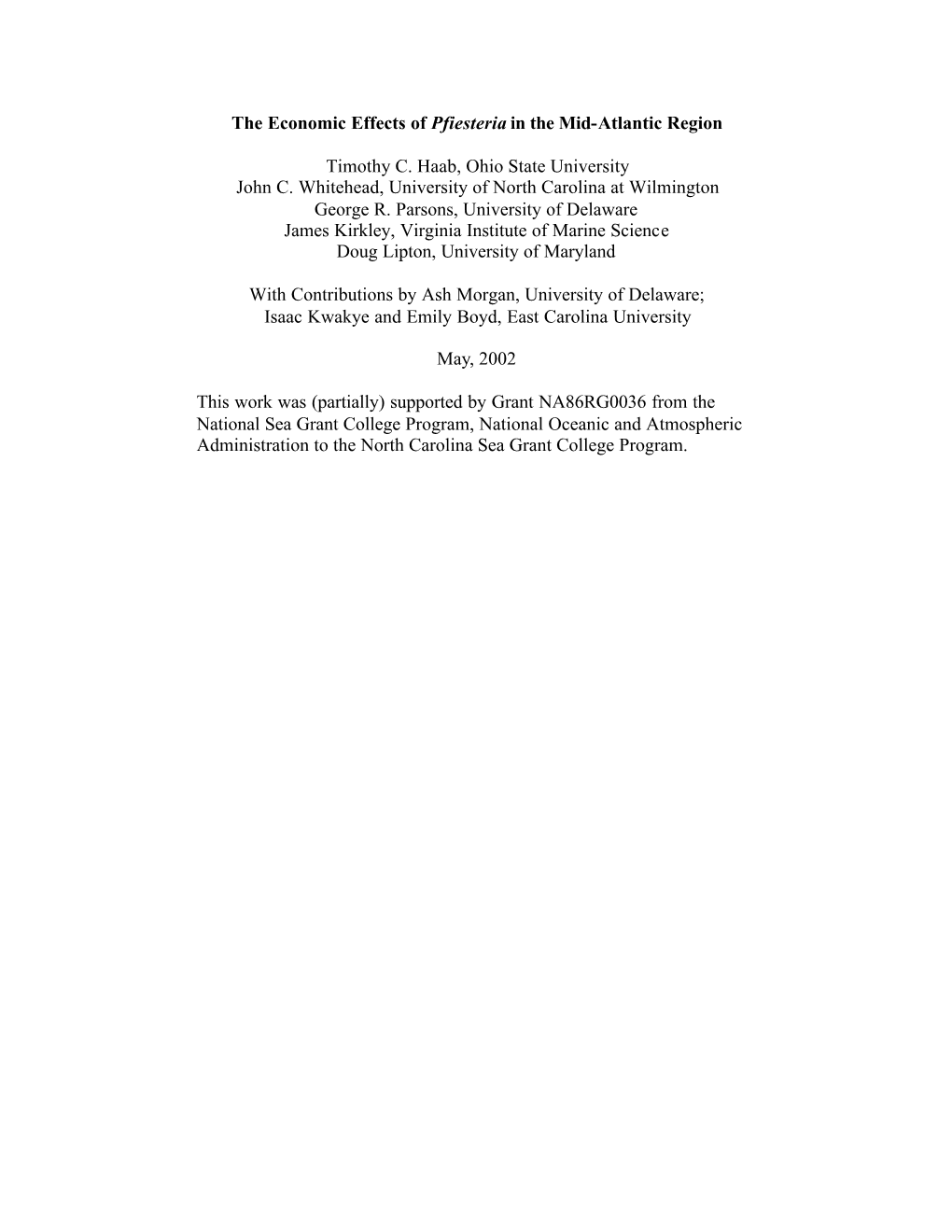 The Economic Effects of Pfiesteria in the Mid-Atlantic Region Timothy C