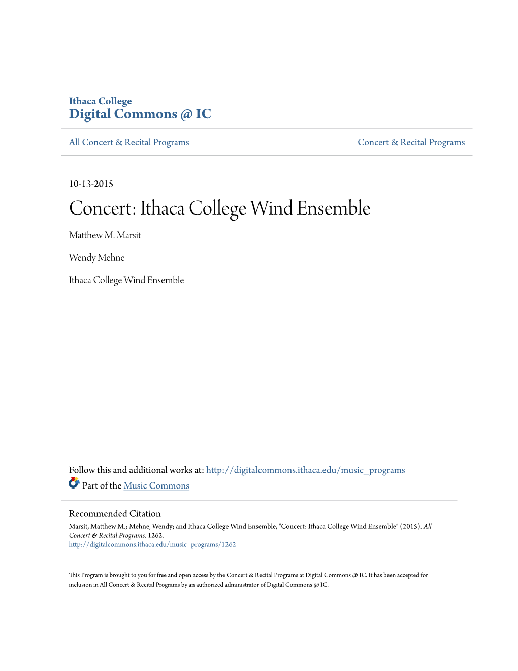 Concert: Ithaca College Wind Ensemble Matthew M