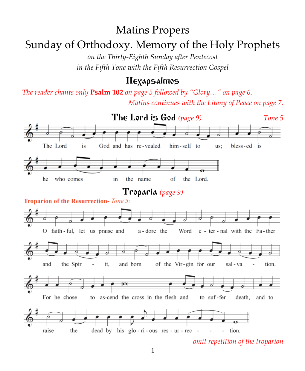 Matins Propers for the Sunday of Orthodoxy. Tone 5