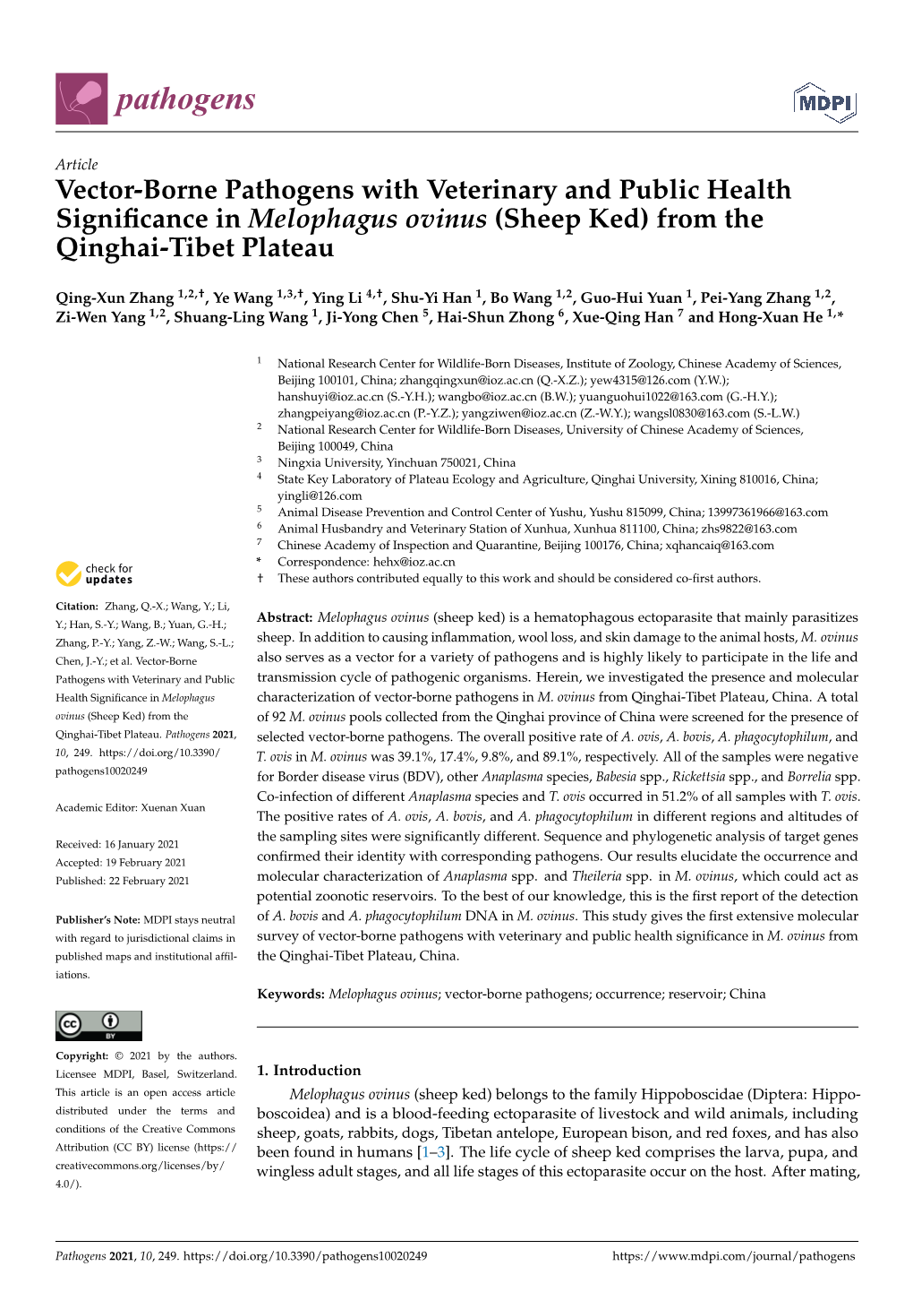 Vector-Borne Pathogens with Veterinary and Public Health Signiﬁcance in Melophagus Ovinus (Sheep Ked) from the Qinghai-Tibet Plateau