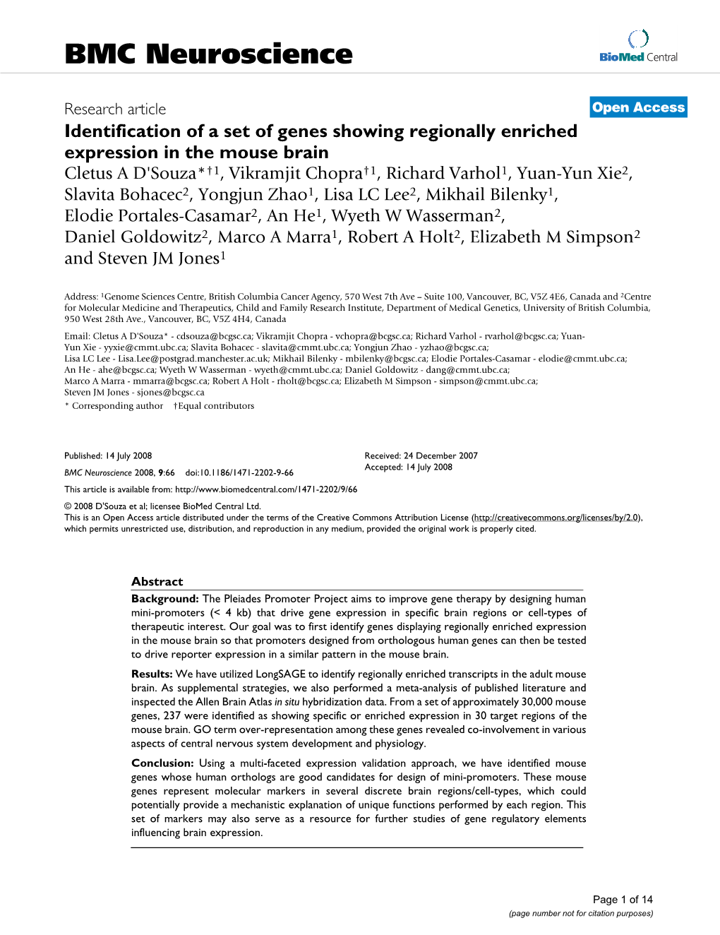 Identification of a Set of Genes Showing Regionally Enriched