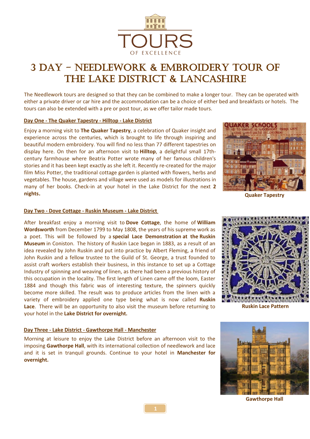 3 Day - Needlework & Embroidery Tour of the Lake District & Lancashire