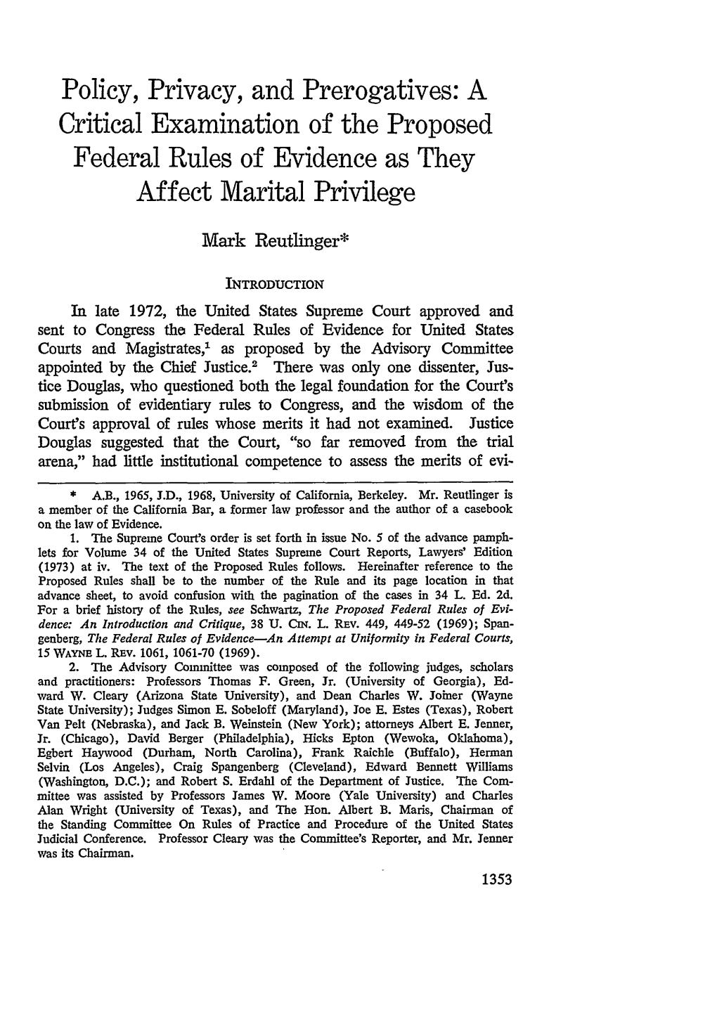 A Critical Examination of the Proposed Federal Rules of Evidence As They Affect Marital Privilege