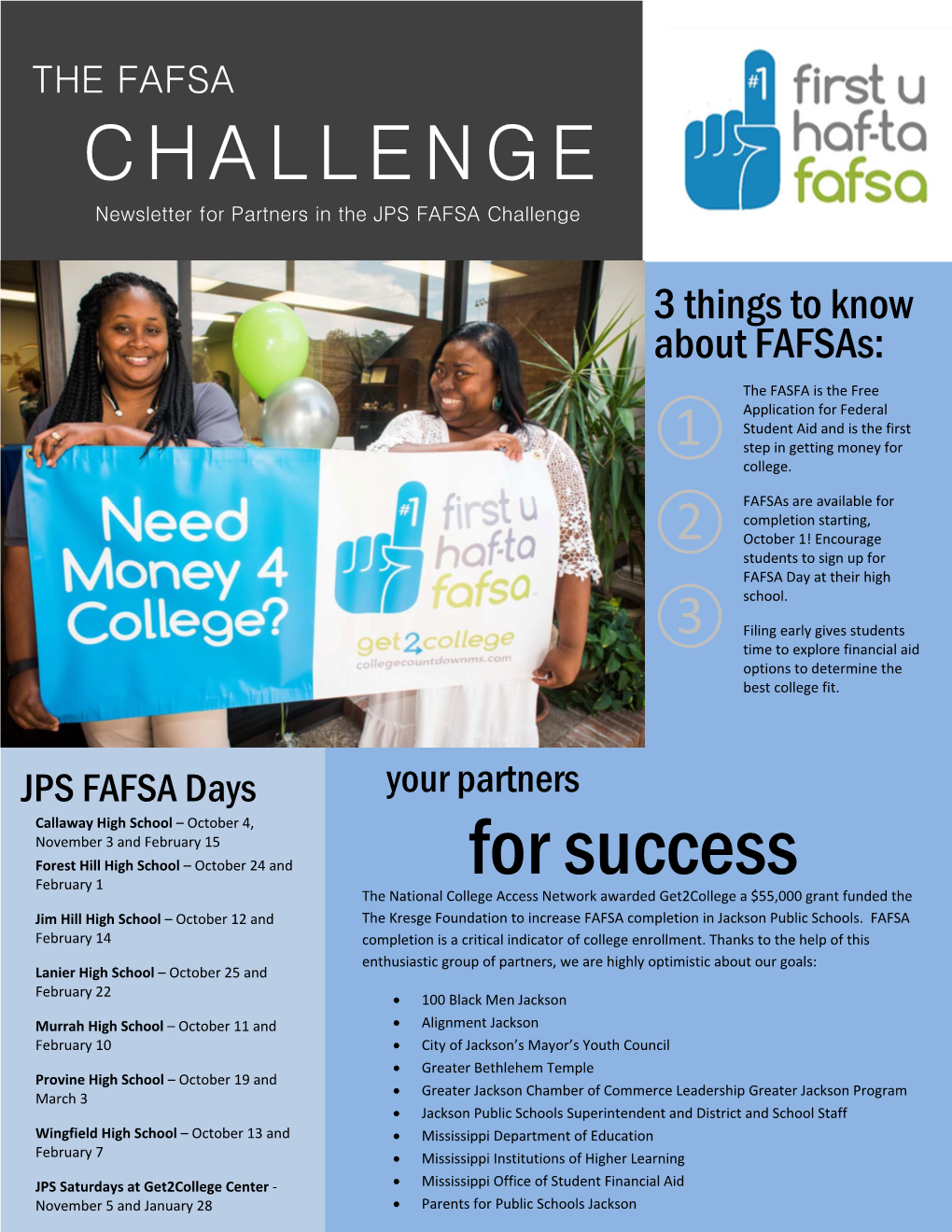 FAFSA CHALLENGE Newsletter for Partners in the JPS FAFSA Challenge