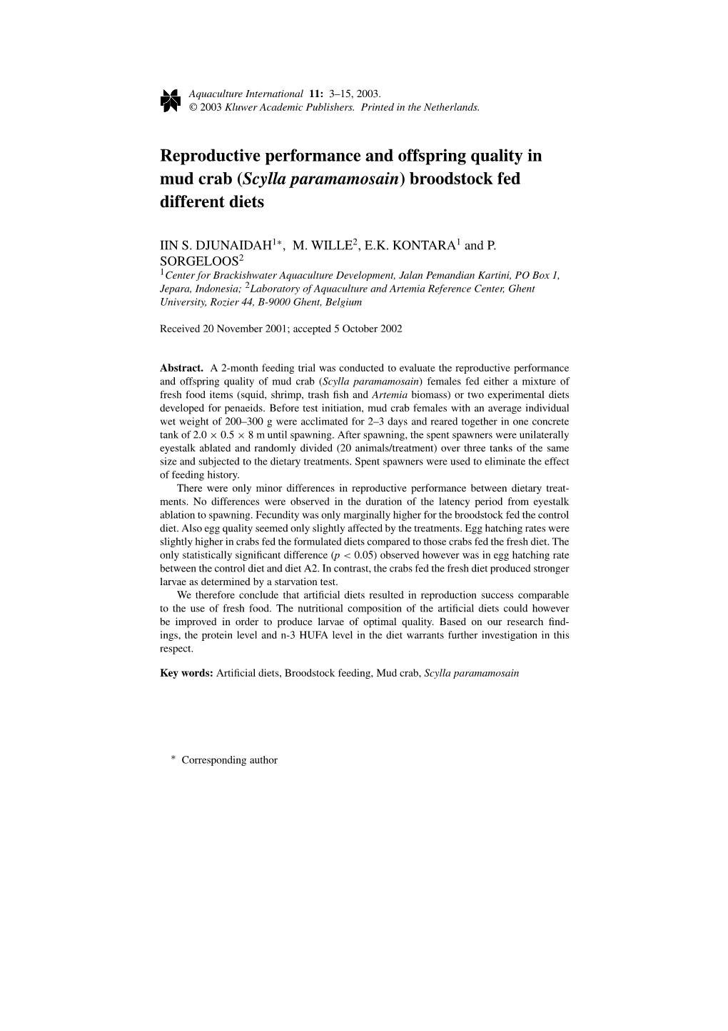 Reproductive Performance and Offspring Quality in Mud Crab (Scylla Paramamosain) Broodstock Fed Different Diets