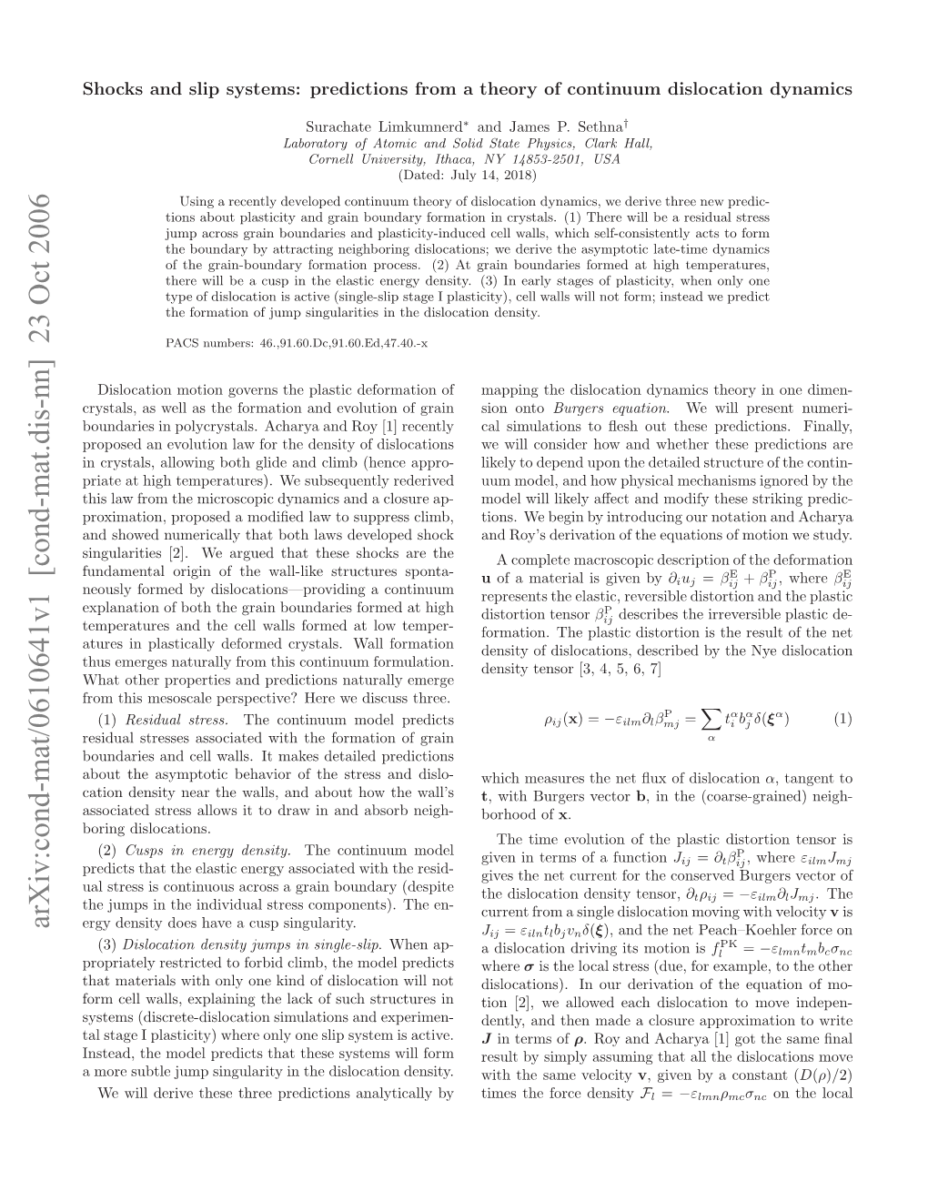 Cond-Mat.Dis-Nn] 23 Oct 2006 Hcsadsi Ytm:Peitosfo Hoyo Contin of Theory a from Predictions Systems: Slip and Shocks Rmti Eocl Esetv?Hr Edsusthree