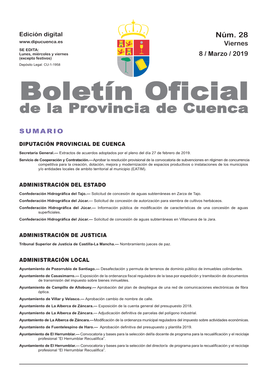 Boletín Oficial De La Provincia De Cuenca Sumario Diputación Provincial De Cuenca