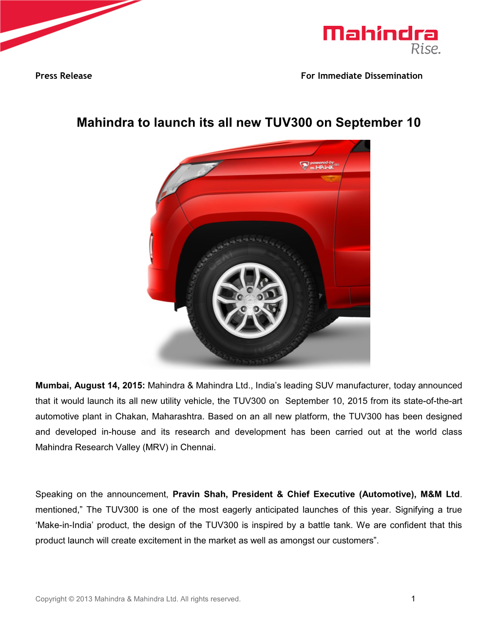 Mahindra to Launch Its All New TUV300 on September 10