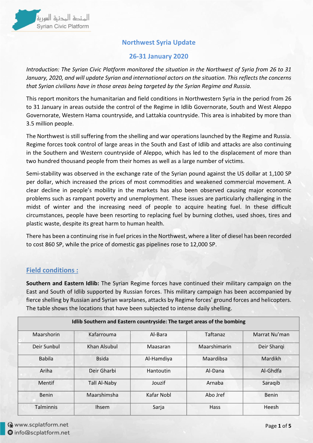 Northwest Syria Update 26-31 January 2020 Field Conditions