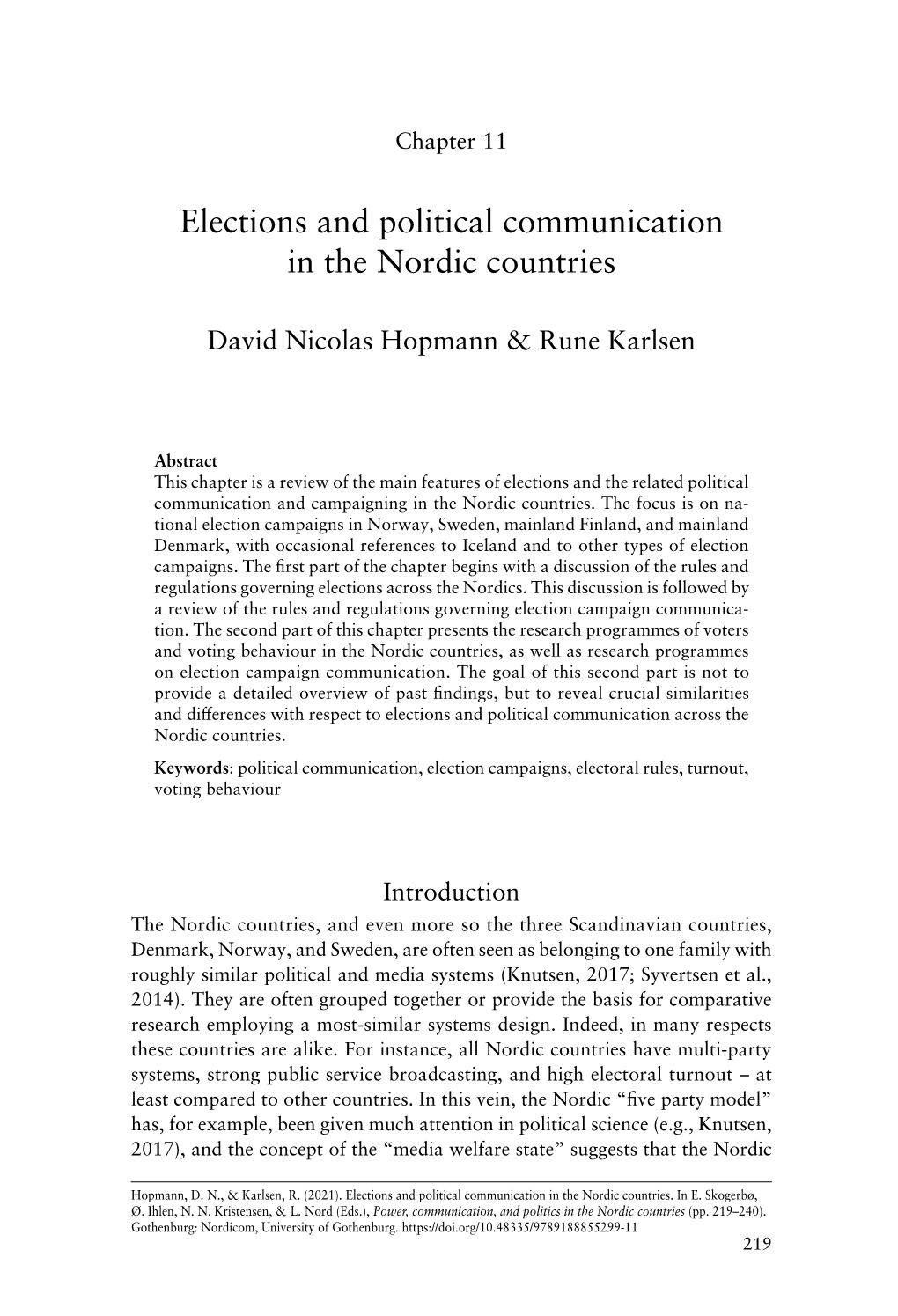 Elections and Political Communication in the Nordic Countries