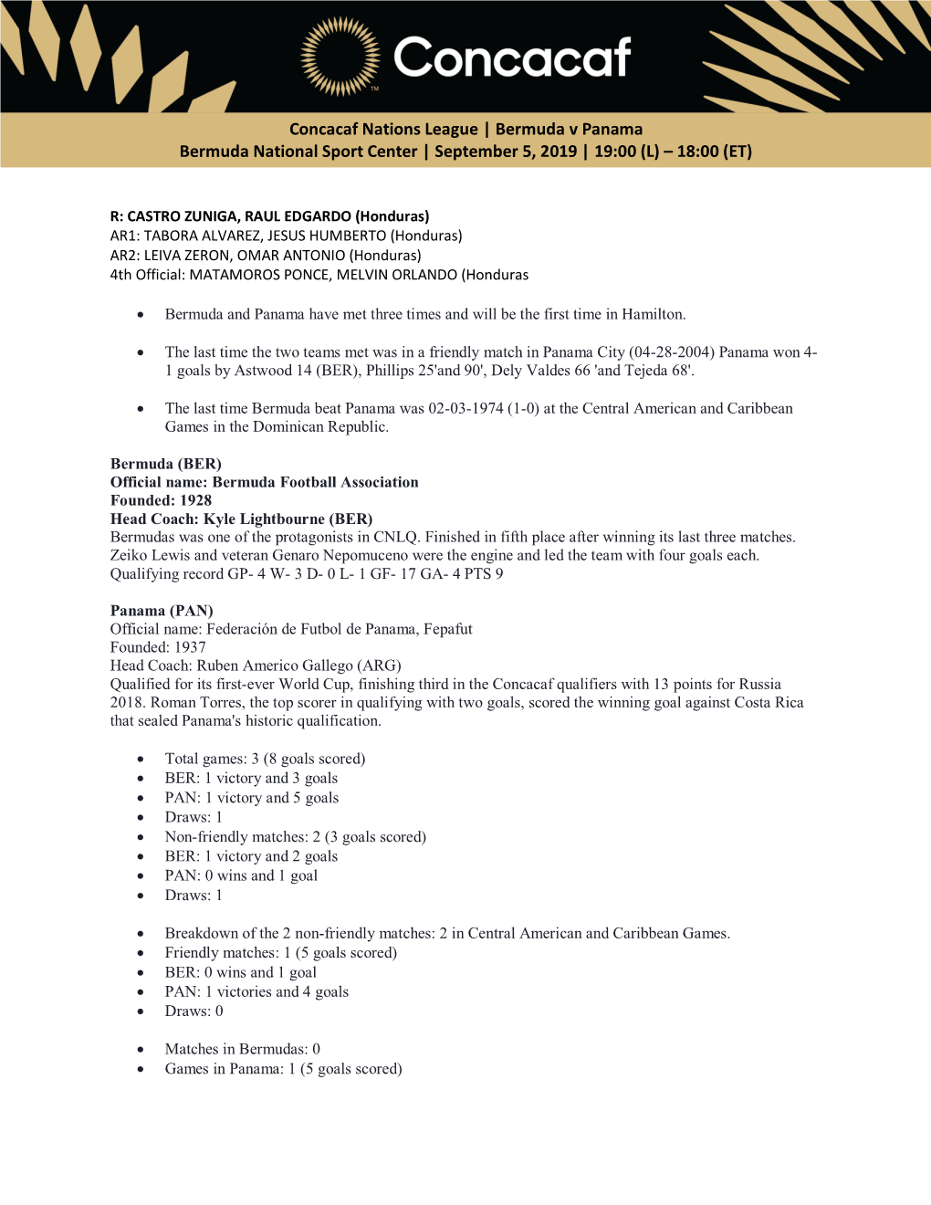 Concacaf Nations League | Bermuda V Panama Bermuda National Sport Center | September 5, 2019 | 19:00 (L) – 18:00 (ET)