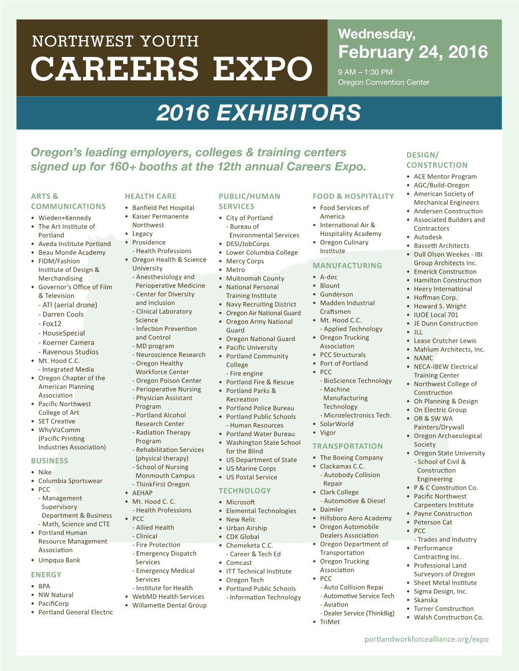 CAREERS EXPO Oregon Convention Center 2016 EXHIBITORS