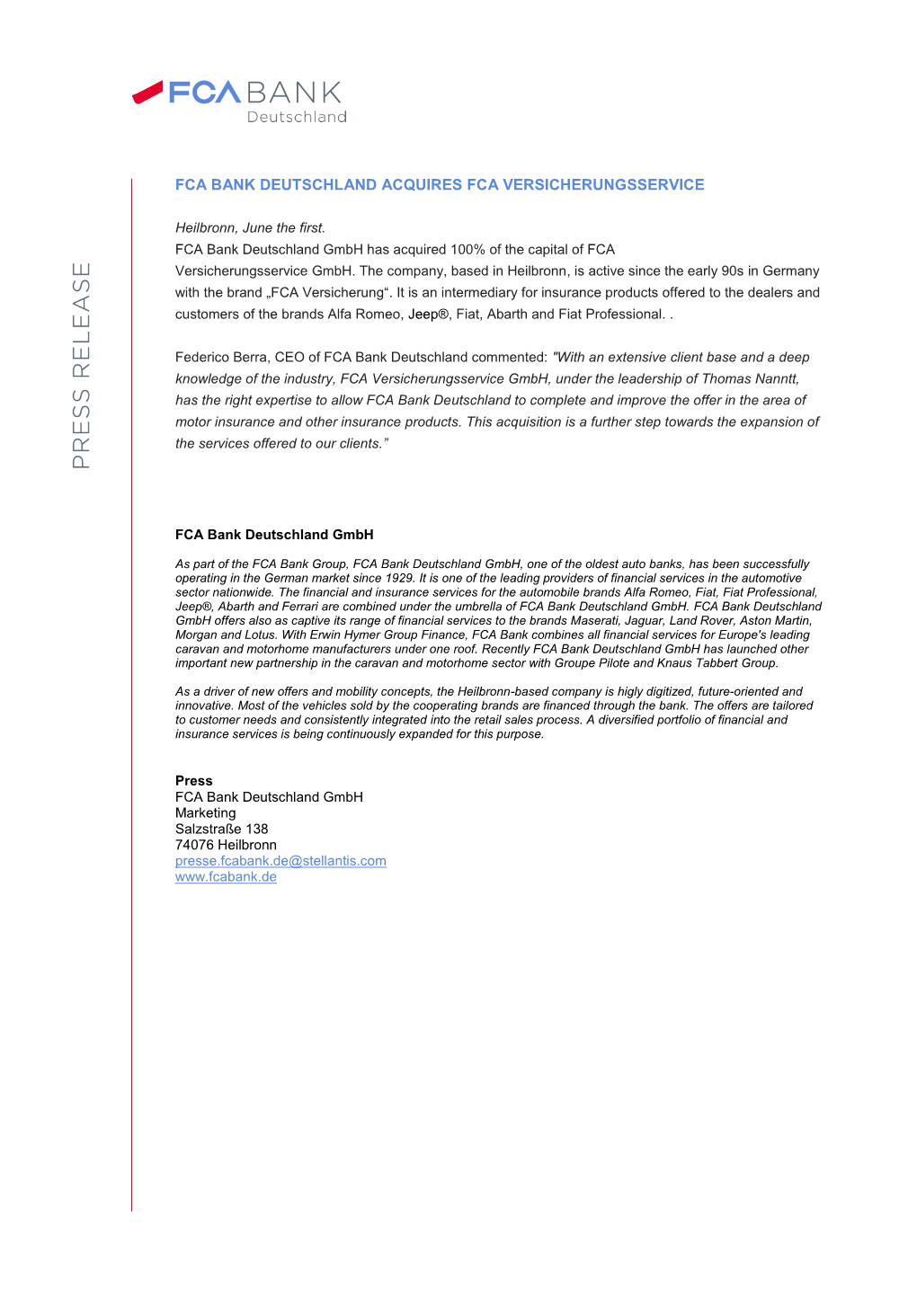 FCA BANK Press Release