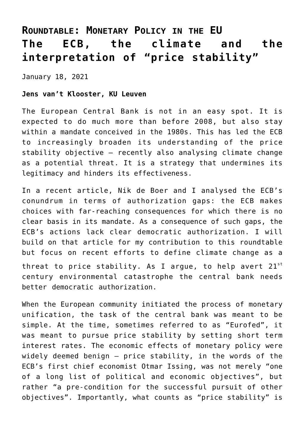 ROUNDTABLE: MONETARY POLICY in the EU the ECB, the Climate and the Interpretation of “Price Stability”