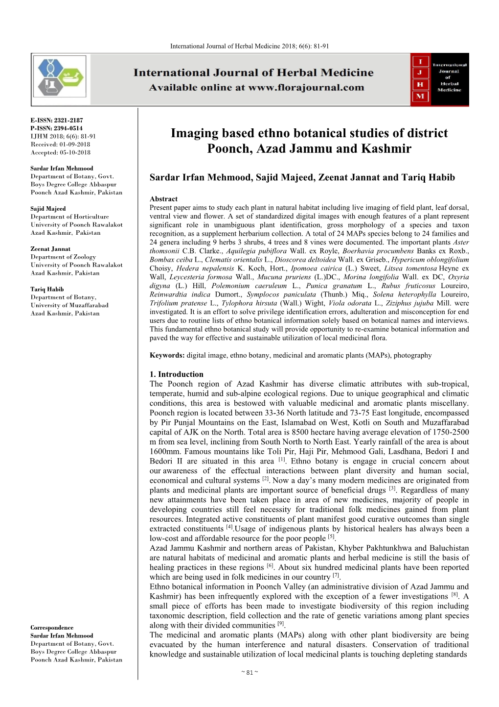 Imaging Based Ethno Botanical Studies of District Poonch, Azad