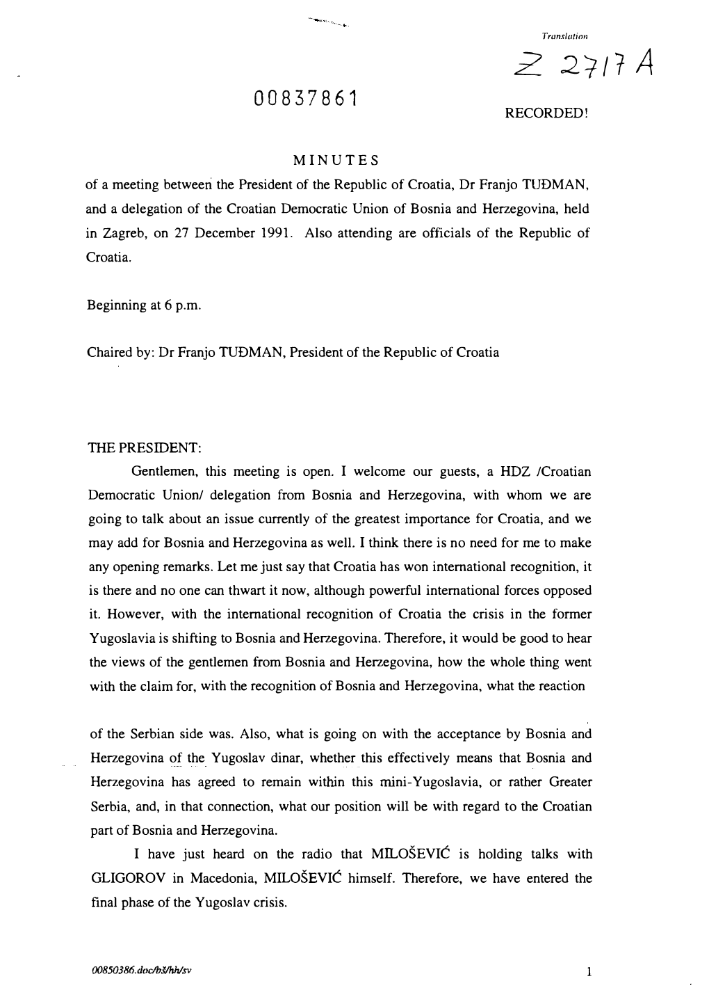Minutes of President Tuđman's Meeting with HDZ Bih Delegation