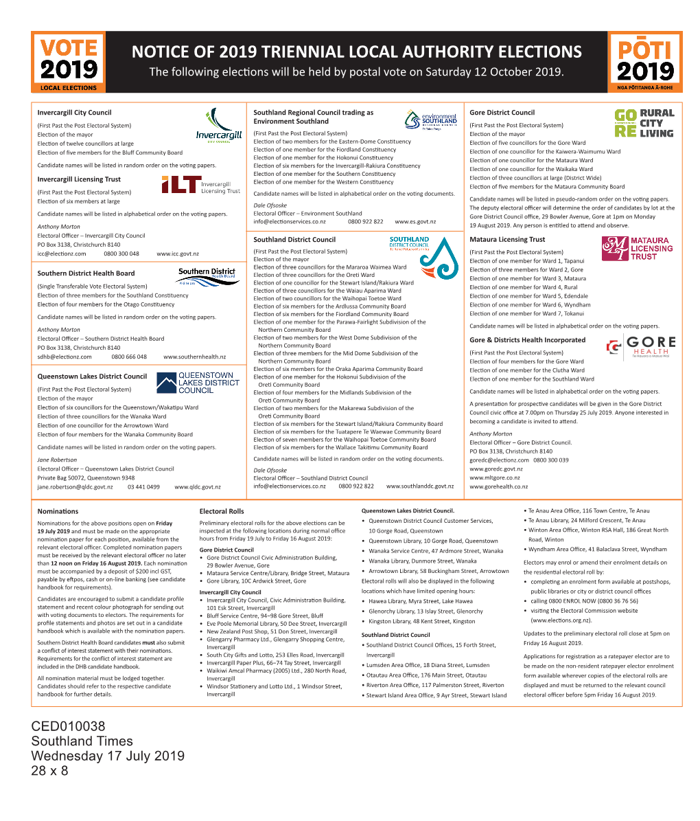 ELECTIONS the Following Elections Will Be Held by Postal Vote on Saturday 12 October 2019