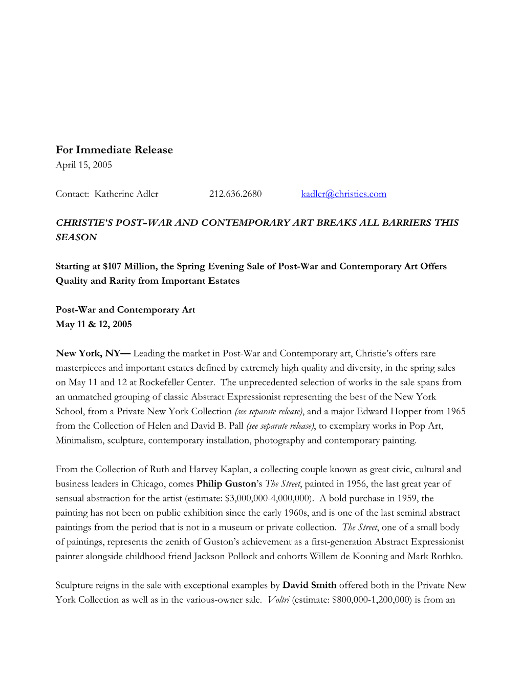 For Immediate Release April 15, 2005