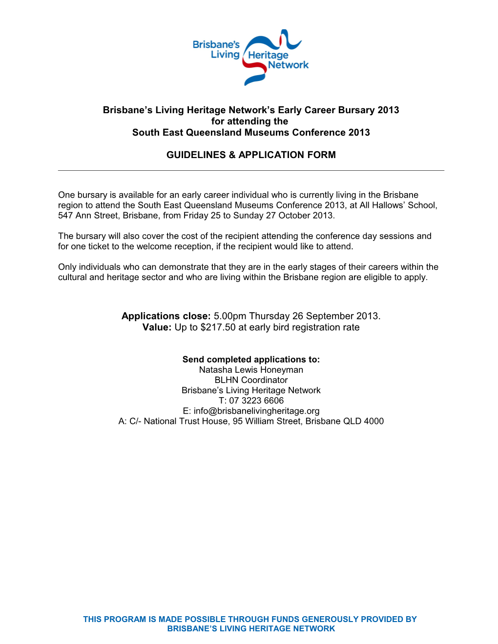 Brisbane S Living Heritage Network S Early Career Bursary 2013